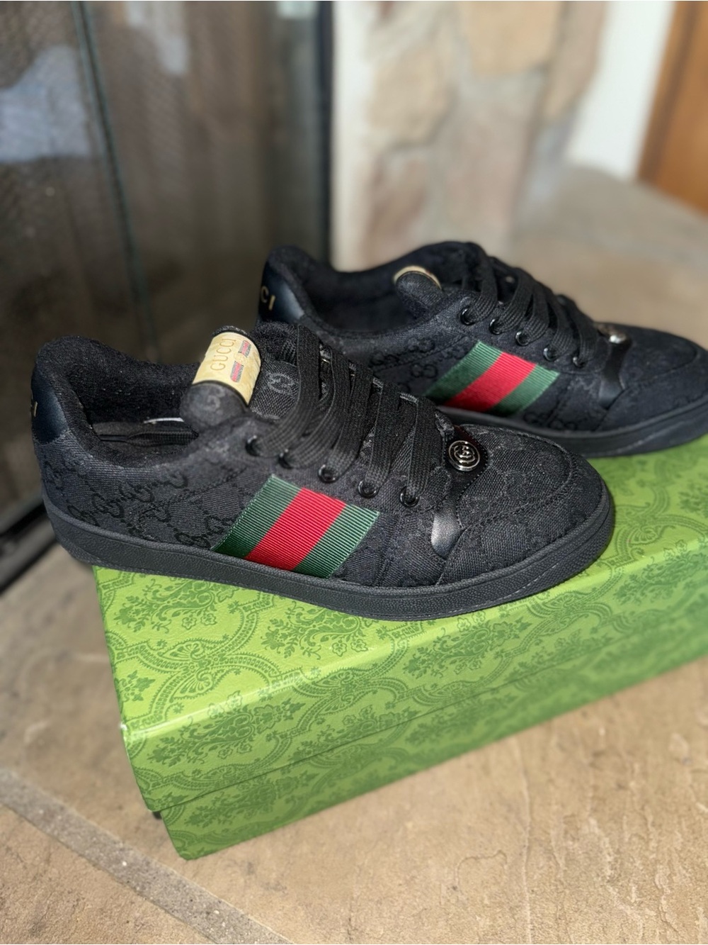 Gucci Black Low-Top Sneakers with Red & Green Web Stripe